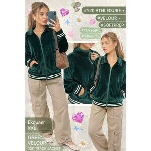 Ekouaer XXL Velour Track Jacket Green Zip Up Lounge Y2K Velvety Soft Athleisure